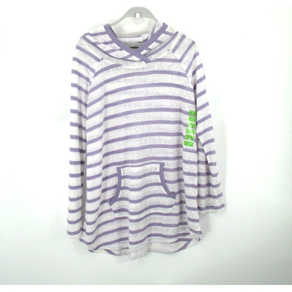 Earth Yoga Hooded Knit Top Womens Large White Purple Striped Pullover Hoodie